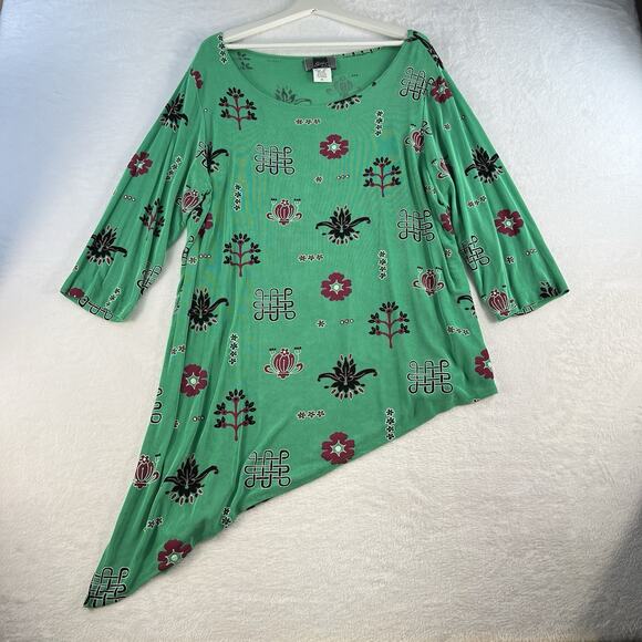Slinky Brand Plus 1X Tunic Top Asymmetric Geometric Print V-Neck Lagenlook Green - Picture 2 of 13